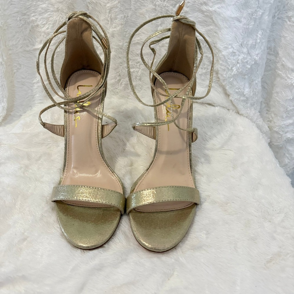 Lulus Metallic Gold Glitter Lace Up Ankle Wrap High Heels Stiletto Sandals Sz 7